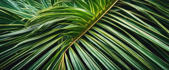 Poster - green palm leaves texture with detailed lines and patterns against a dark background, emphasizing na
