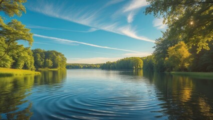 Poster - calm lake with clear blue sky and reflected clouds surrounded by lush green trees in summer season