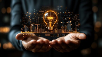 Poster - A person holding a glowing light bulb above a digital cityscape, symbolizing innovation and ideas