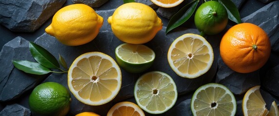 Canvas Print - Citrus fruits including lemons, limes, and oranges arranged on dark textured stone surface with green leaves