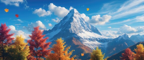 Wall Mural - Mountain landscape with autumn foliage under blue sky and fluffy clouds, colorful trees in foreground, nature scenery in clear weather