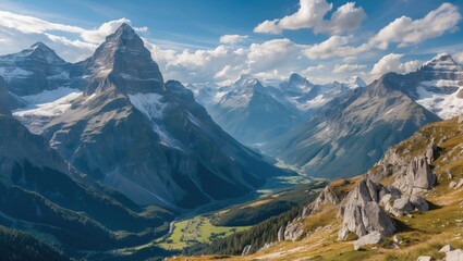 Poster - Mountain landscape with rocky foreground and expansive valley under cloudy sky with dramatic peaks in the background.