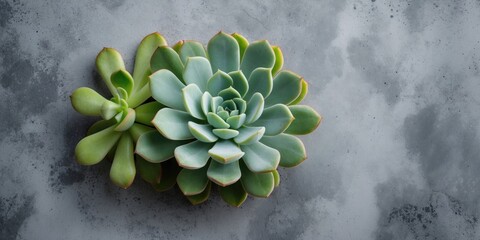Poster - green succulent plants on a textured grey background with contrasting colors and leaf shapes arrange