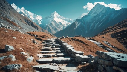 Poster - Mountain landscape with stone steps leading through grassy terrain with snow-capped peaks under a clear blue sky.