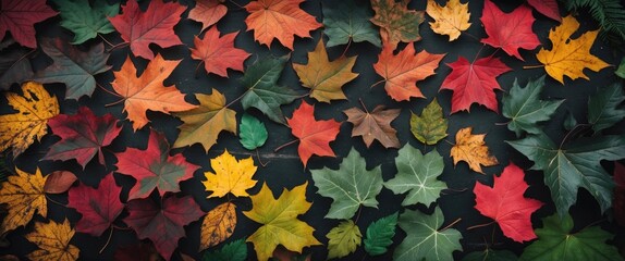Poster - colorful autumn leaves arranged on a dark background showcasing a variety of shapes and colors inclu
