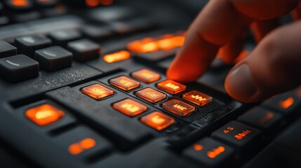 Poster - Close-up of a hand pressing illuminated buttons on a sleek control panel in a dark environment