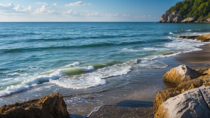 Poster - coastal landscape with waves crashing on sandy beach near rocky shoreline under clear blue sky and d