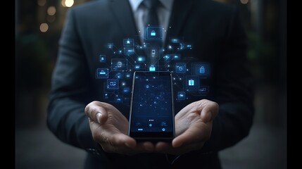 Poster - Businessman in suit holding smartphone with floating digital icons representing technology and communication