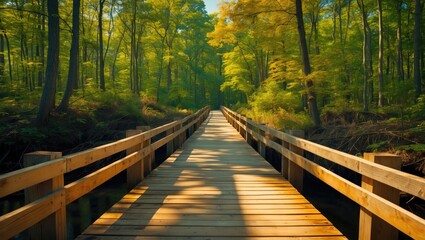 Poster - wooden walkway bridge through lush green forest with sunlight filtering through tree canopy in peace