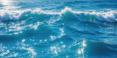 Poster - blue ocean waves with foamy crests reflecting sunlight under a clear sky, creating a shimmering wate