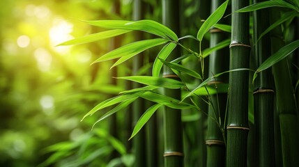 Sticker - Lush bamboo grove, sunlight filtering through, nature backdrop