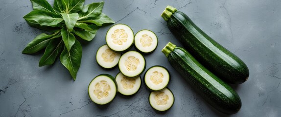 Wall Mural - Fresh green zucchini with sliced pieces and basil leaves on a textured gray background.