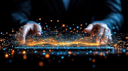 Poster - Hands manipulating a glowing digital interface with vibrant particles, symbolizing technology and innovation