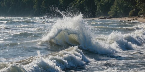 Poster - waves crashing on sandy beach with lush green coastline under bright sunlight. dynamic ocean scene w