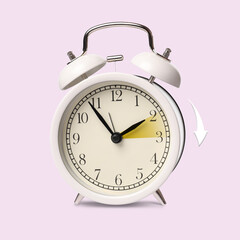 Poster - Daylight saving time. White alarm clock on light pink background. Highlighted area and arrow showing time change by one hour forward