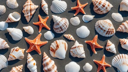 Poster - Sea shells and starfish collection arranged on dark background, ocean theme decorative elements for marine or beach related projects