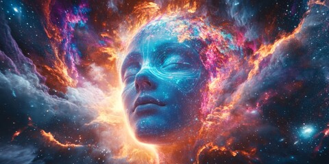Poster - A stunning cosmic portrait of a serene face surrounded by vibrant cosmic colors. The style combines fantasy and sci-fi elements. Ideal for digital art and space themes. AI
