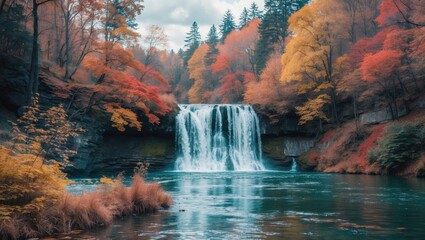 Wall Mural - Waterfall surrounded by vibrant autumn foliage and serene water reflecting natural landscape in a tranquil outdoor setting.