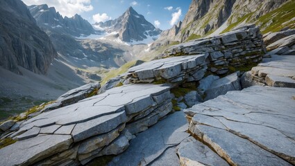 Poster - Rocky mountain landscape with jagged stone formations and distant peaks under a blue sky with scattered clouds