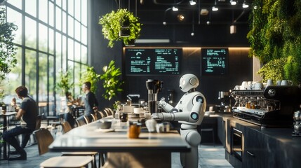 Poster - A cafe of the future where people chat with robotic baristas.