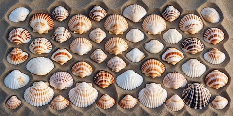 Poster - Various seashells arranged on sandy beach, showcasing different colors and patterns, coastal nature background.