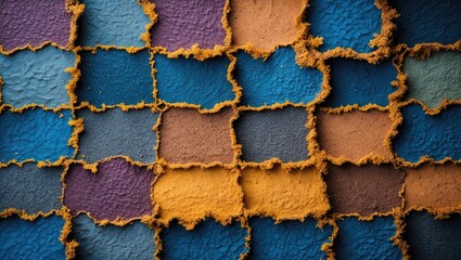 Poster - colorful textured patchwork design with various earthy tones and rough edges arranged in a grid patt