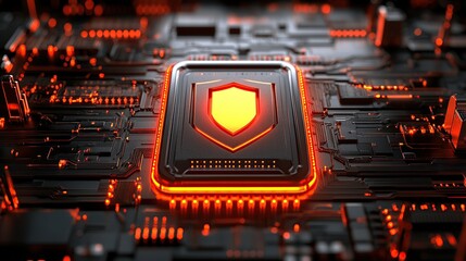 Fototapete - Futuristic microchip with a glowing shield symbolizing cybersecurity on a dark circuit board