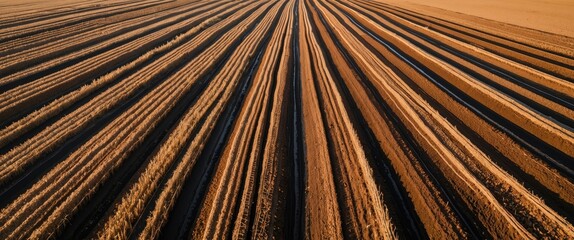 Poster - Aerial view of agricultural field with neatly arranged brown furrows and plowed soil creating a geometric pattern under sunlight