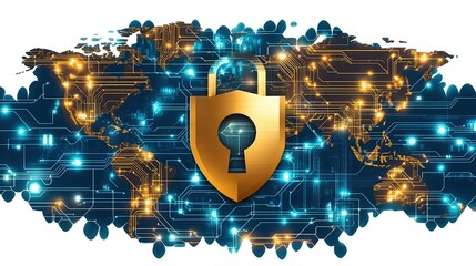 Poster - Digital world map with glowing circuits and a golden padlock symbolizing global cybersecurity