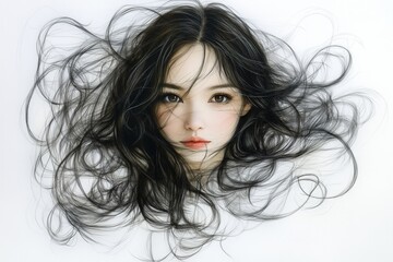 Poster - Portrait of a woman with flowing black hair and an expressive gaze capturing a sense of beauty and serenity in a minimalist style
