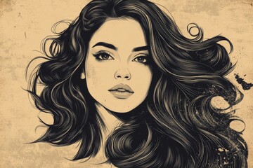 Poster - Portrait of a woman with flowing hair showcasing artistic expression and elegance in a vintage style