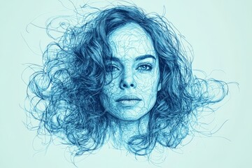 Poster - Complex lines create a stunning portrait of a woman with wavy hair in cool blue tones