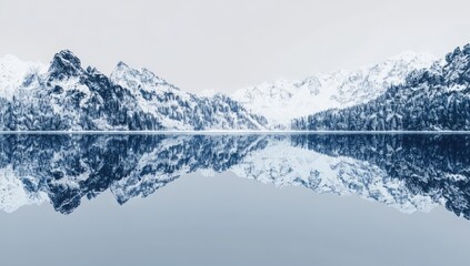 A lake reflects snowcovered mountains surrounding it