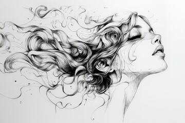 Poster - Intricate pencil drawing of a woman with flowing hair and abstract swirls, showcasing artistic expression and emotion