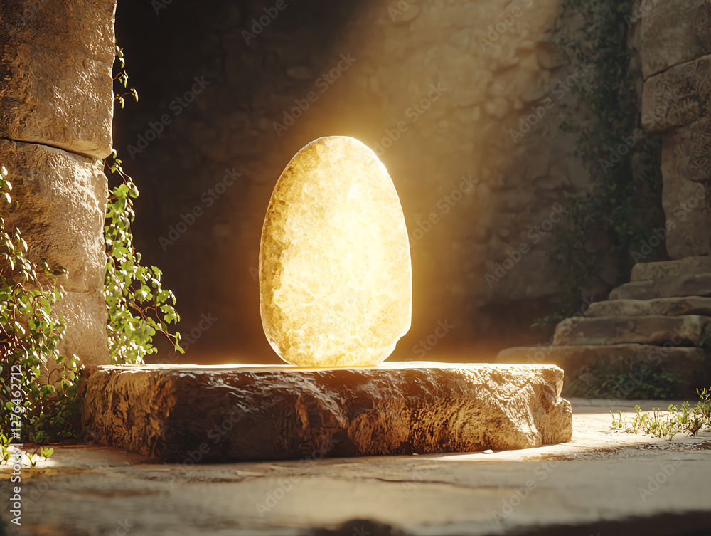 Illuminated ancient artifact on stone pedestal surrounded by lush ...