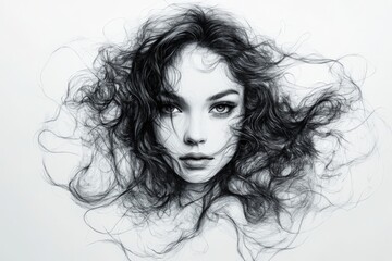 Leinwandbilder - Artistic portrayal of a woman with flowing hair showcasing intricate detail and emotion in a black-and-white artistic expression