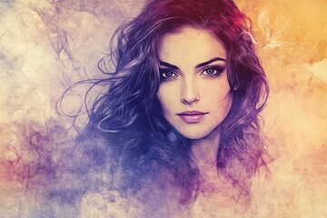 Aufkleber - Portrait of a woman with flowing hair amidst colorful abstract background