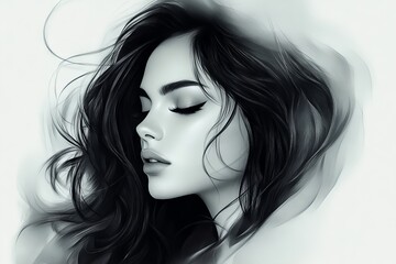 Poster - Captivating black and white portrait of a woman with flowing hair and striking features captured in soft tones