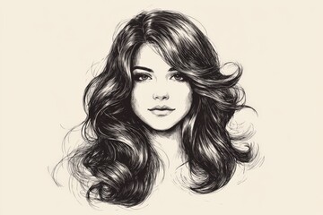 Poster - Creative sketch of a young woman with long flowing hair and captivating gaze in a minimalist style