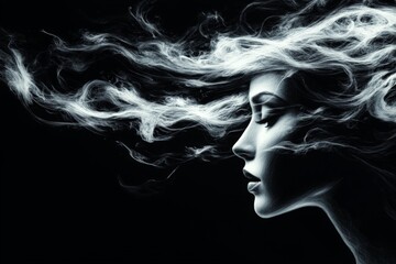 Poster - Captivating profile of a woman with flowing smoke-like hair against a dark background