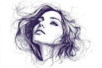 Poster - Creative portrait sketch of a woman with flowing hair in a dynamic pose showcasing artistic talent and style