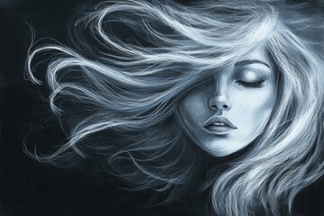 Aufkleber - Portrait of a young woman with flowing hair and a serene expression, captured in dramatic monochrome with stylized details