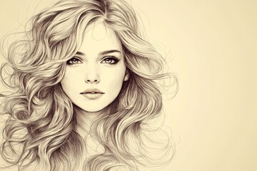 Aufkleber - Portrait of a young woman with flowing hair and captivating eyes, showcasing intricate line art style