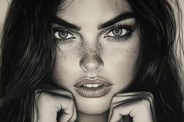 Poster - Capturing intense gaze of a young woman with striking features and freckles in a detailed portrait