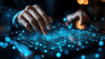 Poster - Business professional interacting with a digital interface, showcasing technology and innovation
