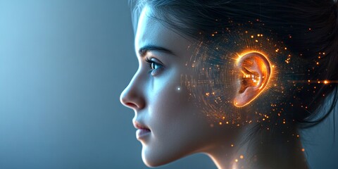 Poster - A beautiful woman in profile shows a futuristic ear with glowing elements. The design captures innovation and technology. This image combines beauty and science seamlessly. AI