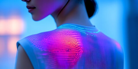 Poster - A woman showcases a modern fashion style under soft blue light. The design features colorful elements that add vibrancy. This image captures innovation and contemporary trends. AI