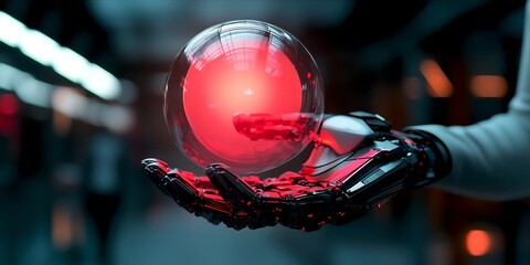 Aufkleber - A robotic hand cradles a glowing red sphere in a futuristic environment. The design is sleek and modern. It represents the blend of technology and creativity in an artistic way. AI