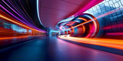 Aufkleber - A vibrant and dynamic interior of a modern tunnel. The movement of light creates a sense of speed and energy. Ideal for technology-themed projects and futuristic designs. AI
