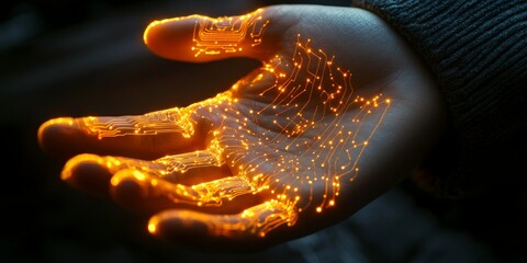 Fototapete - A glowing hand illuminated with bright orange particles shows an intricate design. This artistic image captures a blend of technology and nature. It symbolizes innovation and creativity. AI